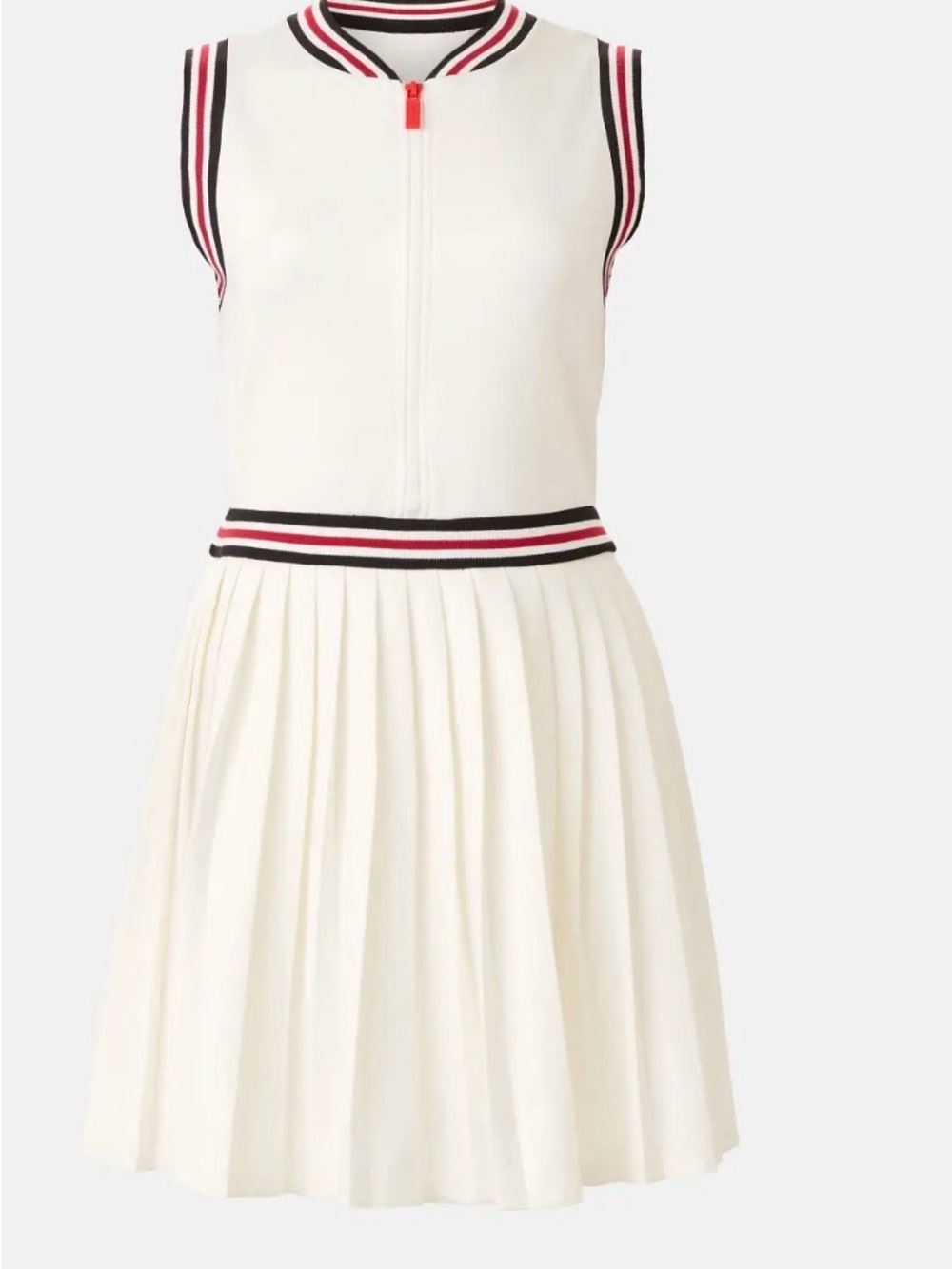 Hunter White Sleeveless Pleated Mini Dress with Black and Red Striped Trim